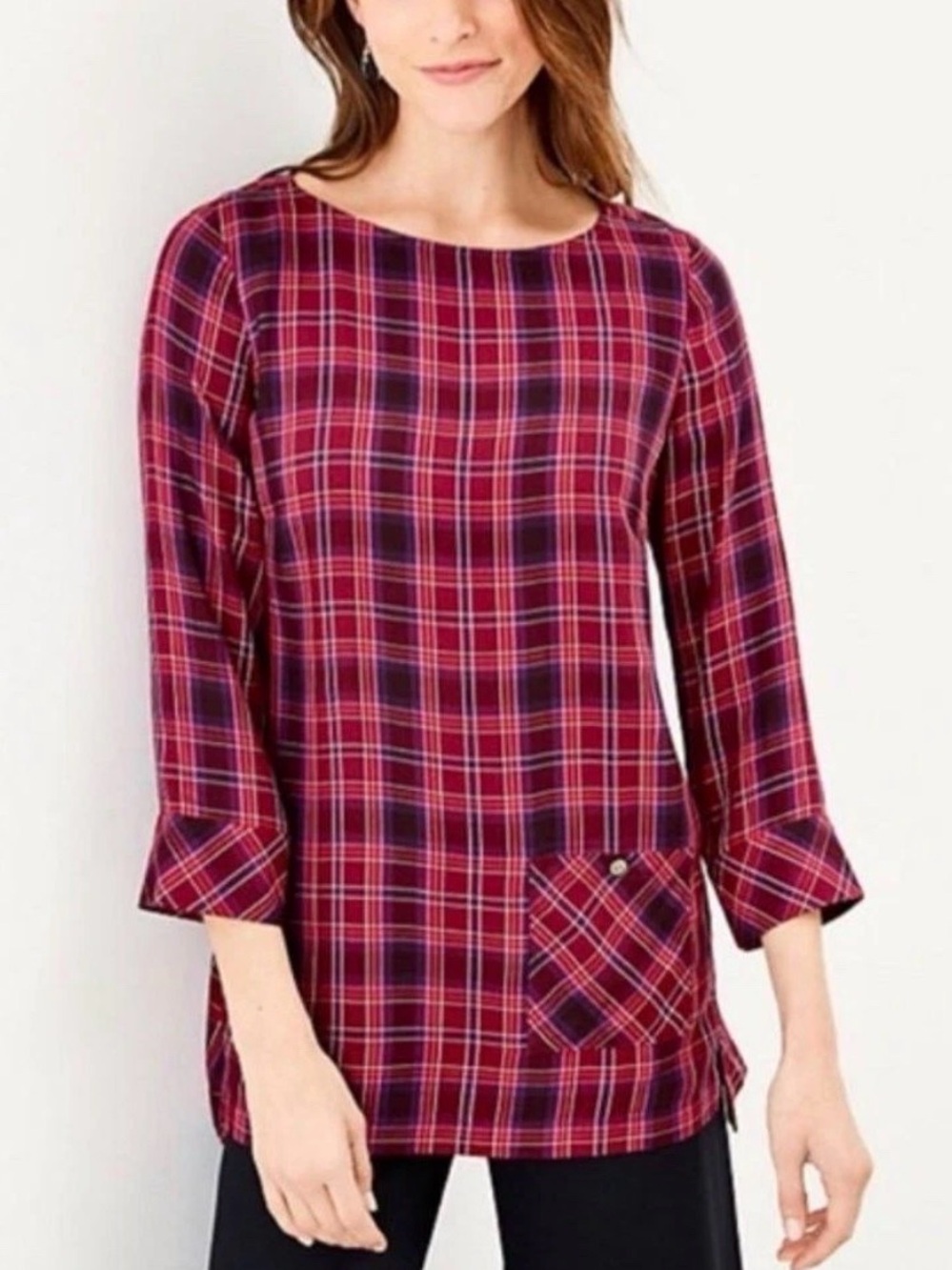 J. Jill Burgundy Plaid Boatneck Tunic Top 3/4 Sleeves Pocket Sz Small